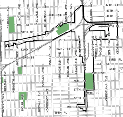 51st/Archer TIF district, roughly bounded on the north by 47th Street, 59th Place on the south, Kedzie Avenue on the east, and Kolmar Avenue on the west.
